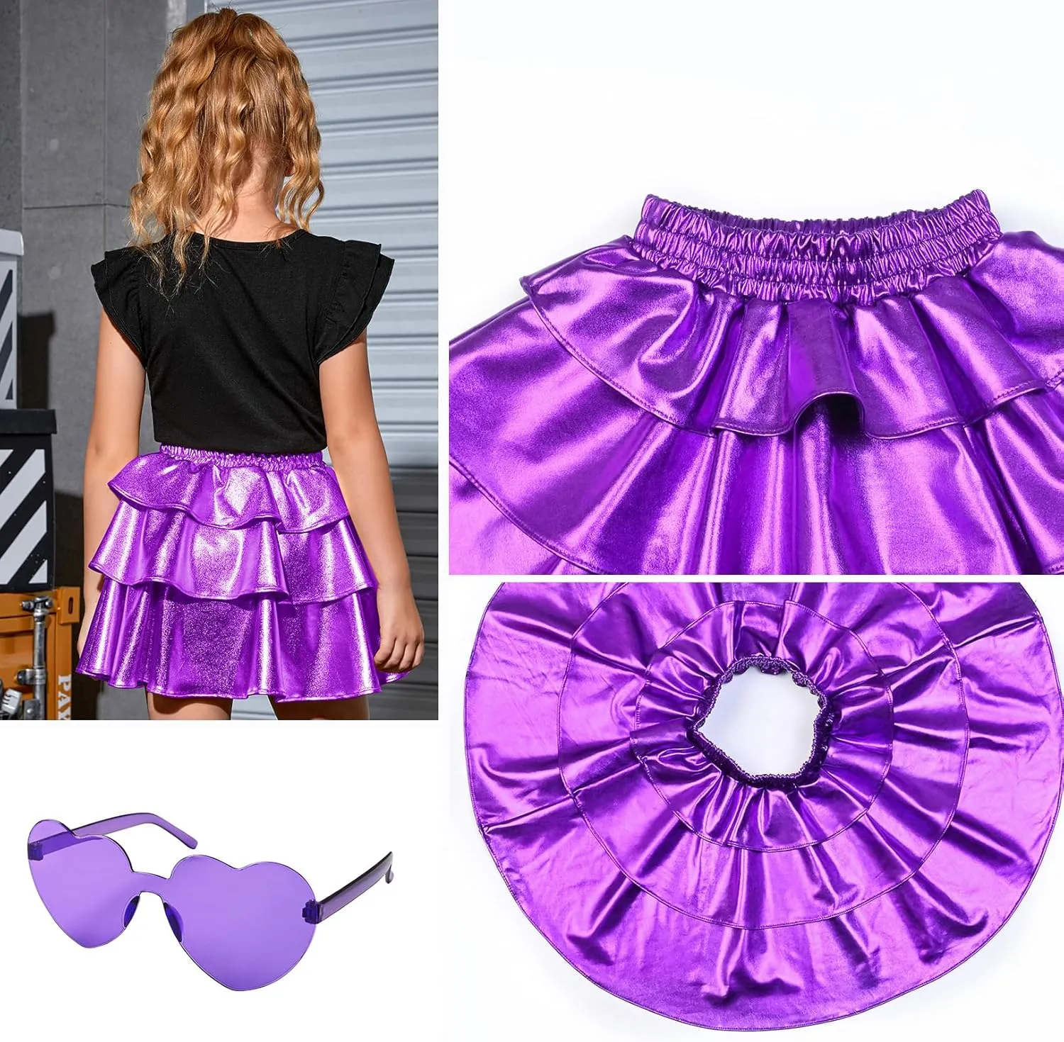 Perfashion Girls' Sparkle Metallic Skirts Layers Ruffle Sequin Tutu Dance Skirt with Sunglasses for Kids 6-15 Years