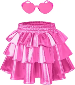 Perfashion Girls' Sparkle Metallic Skirts Layers Ruffle Sequin Tutu Dance Skirt with Sunglasses for Kids 6-15 Years