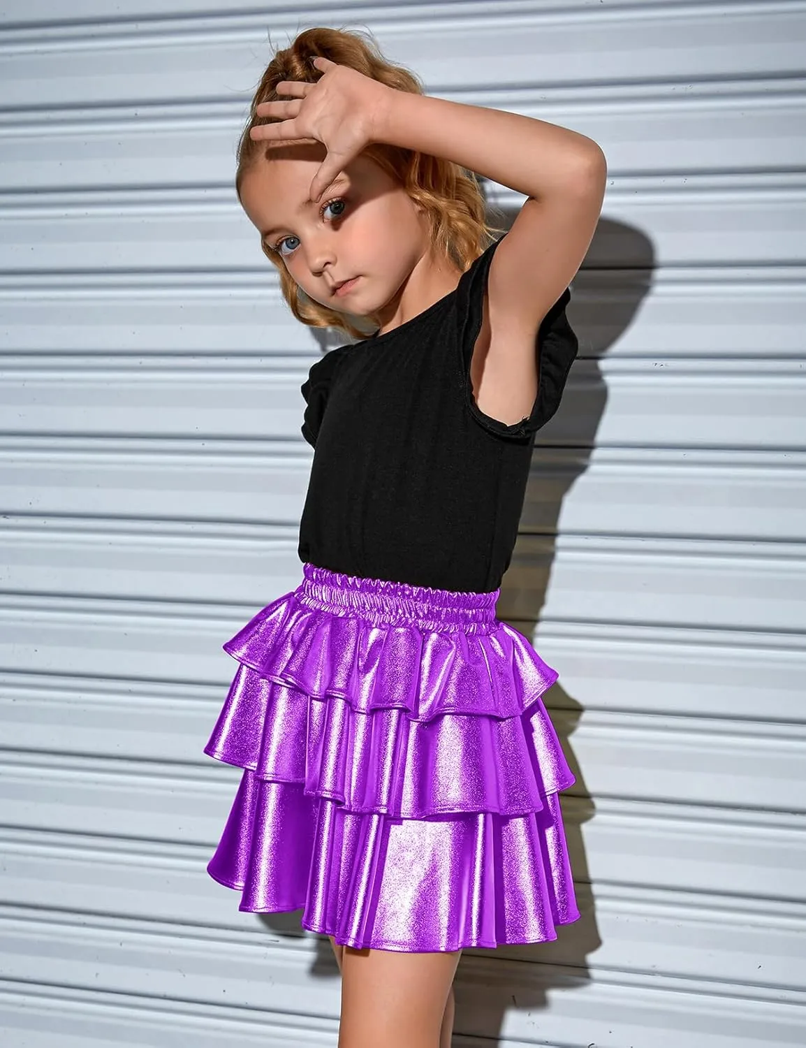 Perfashion Girls' Sparkle Metallic Skirts Layers Ruffle Sequin Tutu Dance Skirt with Sunglasses for Kids 6-15 Years