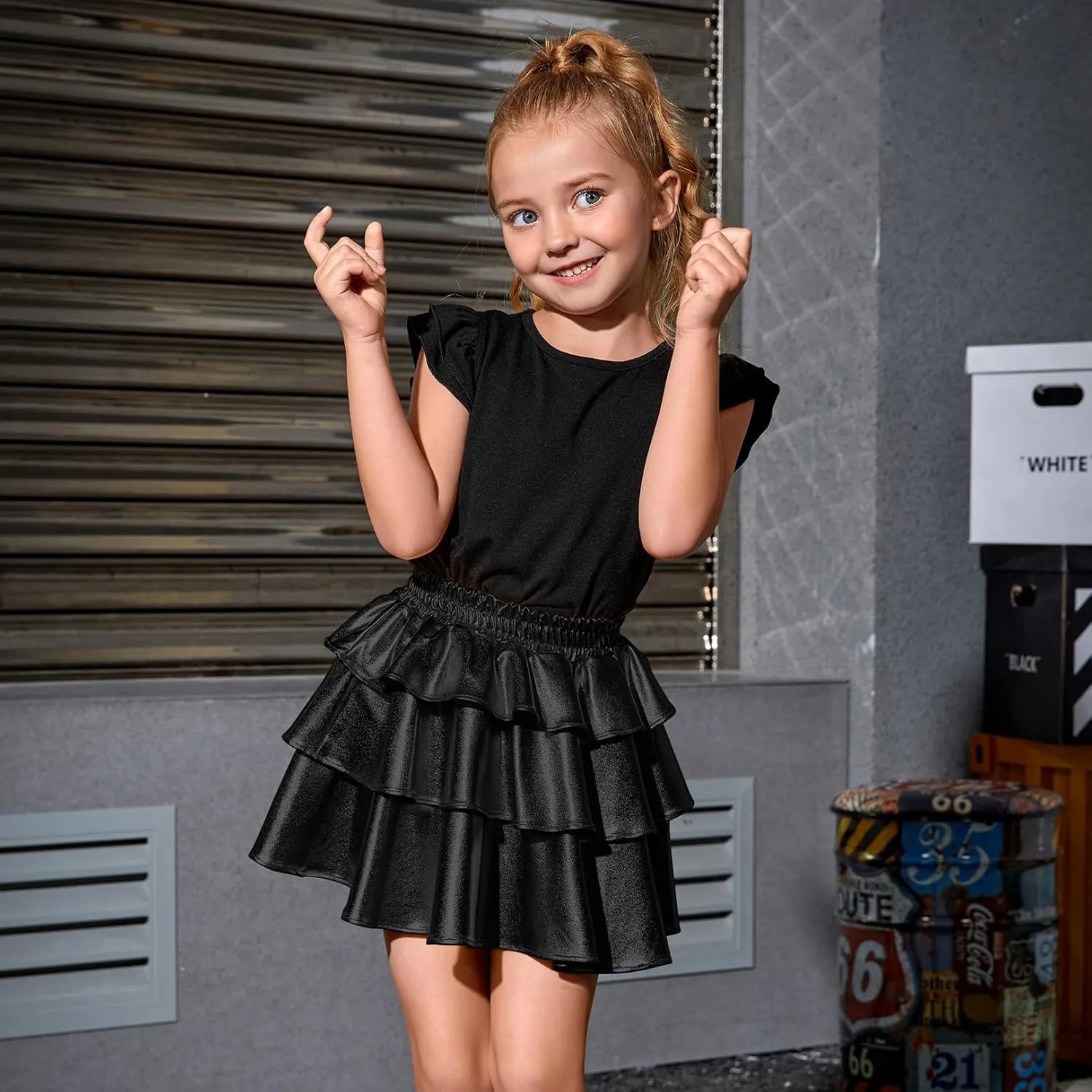 Perfashion Girls' Sparkle Metallic Skirts Layers Ruffle Sequin Tutu Dance Skirt with Sunglasses for Kids 6-15 Years