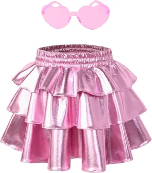 Perfashion Girls' Sparkle Metallic Skirts Layers Ruffle Sequin Tutu Dance Skirt with Sunglasses for Kids 6-15 Years