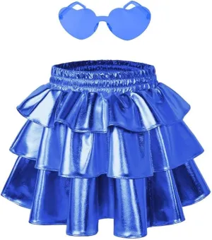 Perfashion Girls' Sparkle Metallic Skirts Layers Ruffle Sequin Tutu Dance Skirt with Sunglasses for Kids 6-15 Years