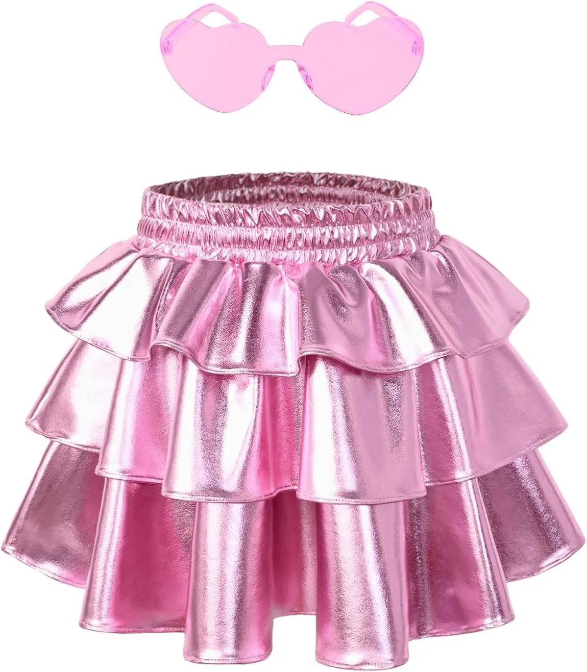 Perfashion Girls' Sparkle Metallic Skirts Layers Ruffle Sequin Tutu Dance Skirt with Sunglasses for Kids 6-15 Years