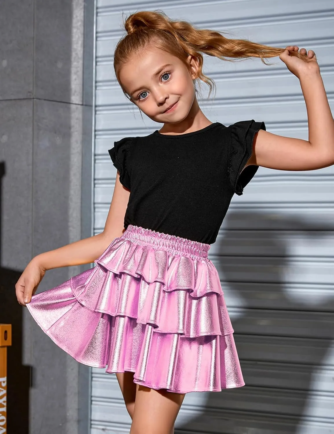Perfashion Girls' Sparkle Metallic Skirts Layers Ruffle Sequin Tutu Dance Skirt with Sunglasses for Kids 6-15 Years