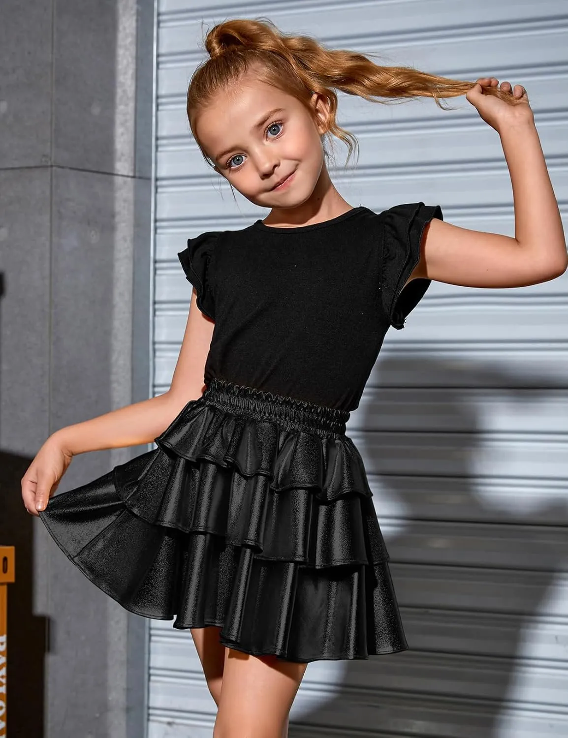 Perfashion Girls' Sparkle Metallic Skirts Layers Ruffle Sequin Tutu Dance Skirt with Sunglasses for Kids 6-15 Years