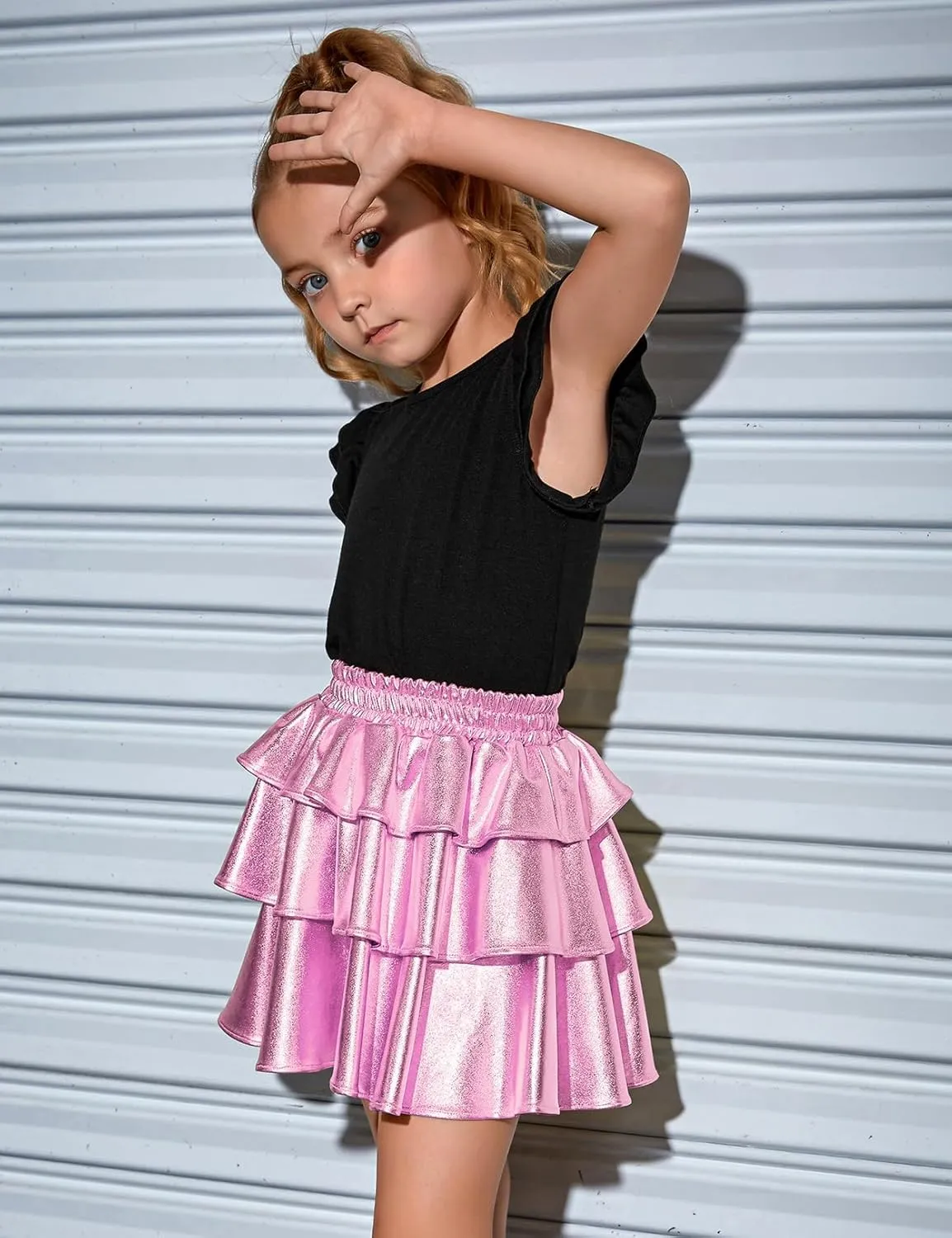 Perfashion Girls' Sparkle Metallic Skirts Layers Ruffle Sequin Tutu Dance Skirt with Sunglasses for Kids 6-15 Years