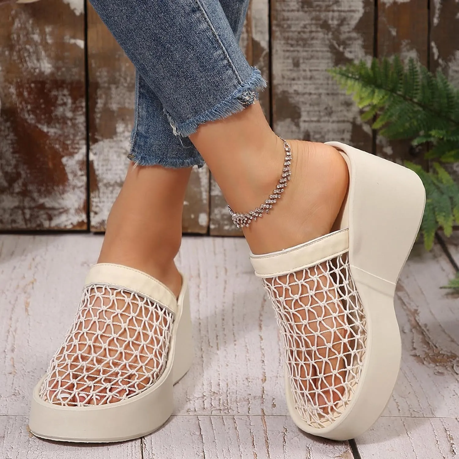 Platforms Wedges for Women Colse Toe Hollow Out Fishnet Mesh Sandals Arch Support Indoor Outdoor Beach Walking Standing