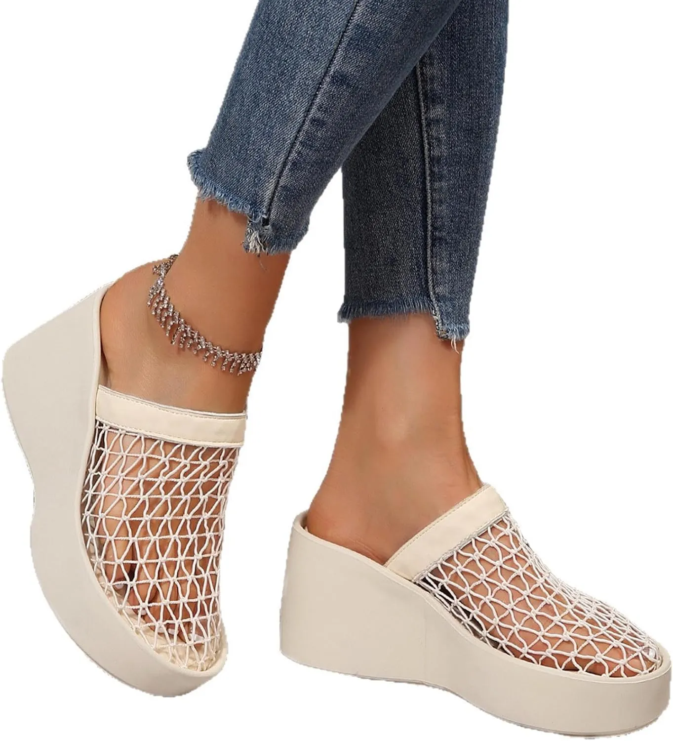 Platforms Wedges for Women Colse Toe Hollow Out Fishnet Mesh Sandals Arch Support Indoor Outdoor Beach Walking Standing