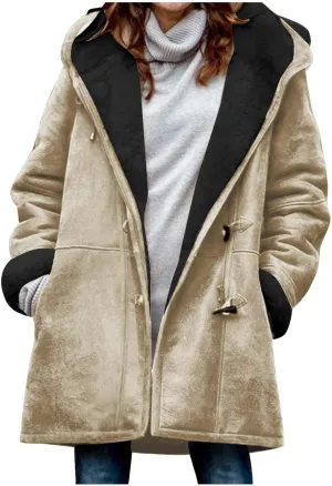 Plus Size Winter Coats For Women 2024 Warm Sherpa Fleece Lined Jackets Horn Button Hooded Suede Pea Coat Outerwear