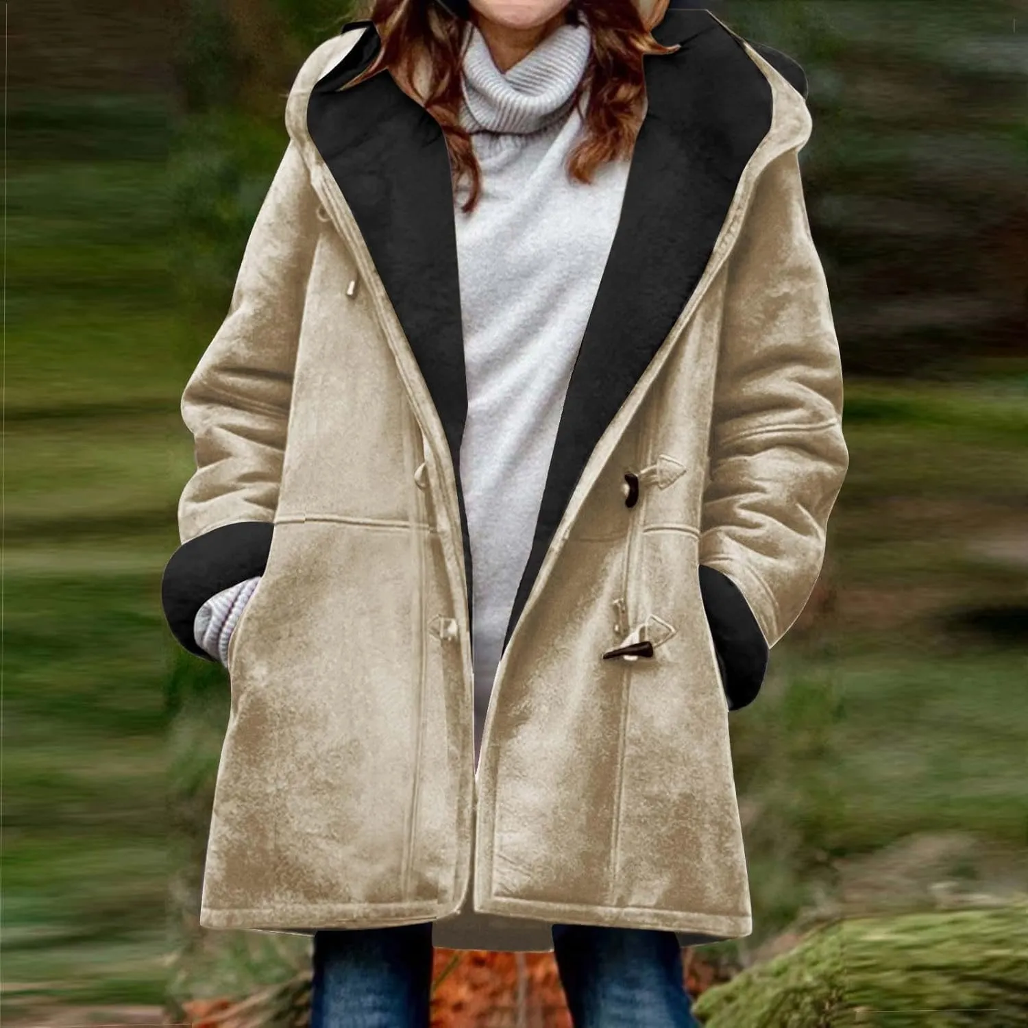 Plus Size Winter Coats For Women 2024 Warm Sherpa Fleece Lined Jackets Horn Button Hooded Suede Pea Coat Outerwear
