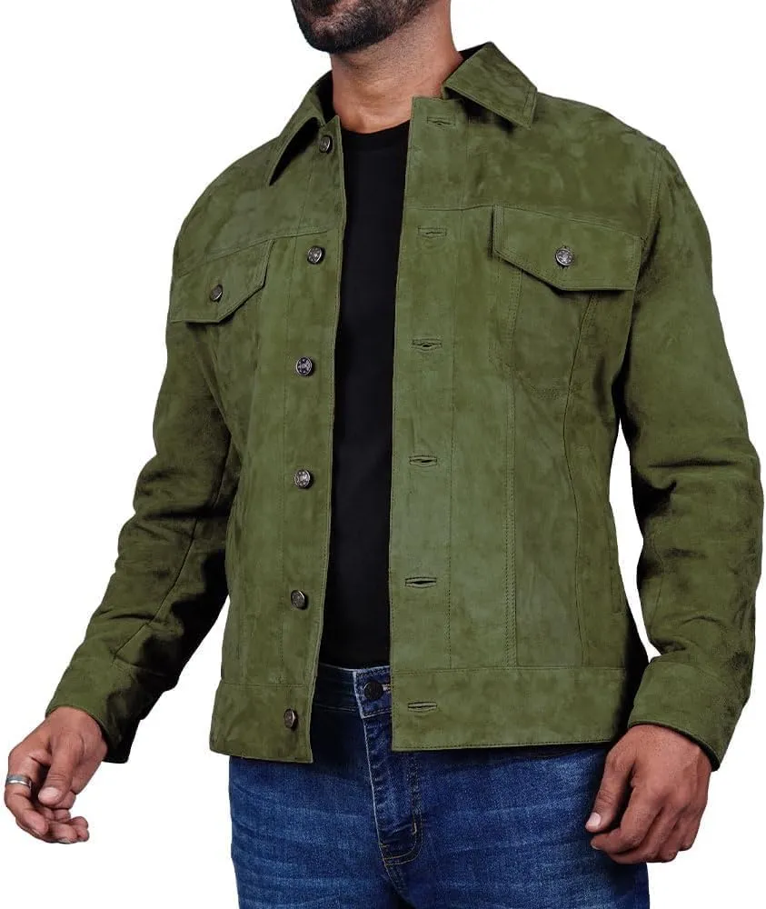 Premium Vintage Trucker Suede Leather Jacket Men Genuine Lambskin Men Leather Jackets Shirt Collar Jackets For Mens