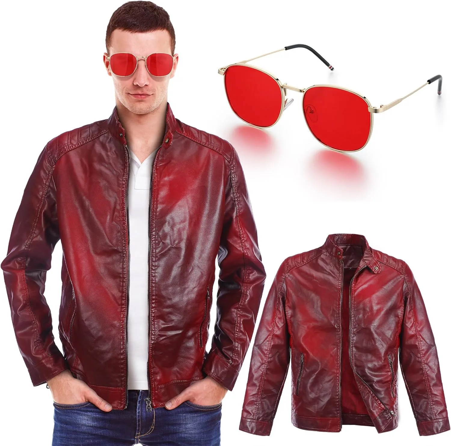 Red Men Leather Jacket Racer Style Casual Leather Jacket with Red Sunglasses Halloween Cosplay Costumes