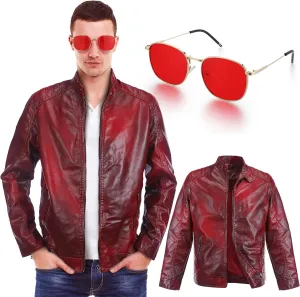 Red Men Leather Jacket Racer Style Casual Leather Jacket with Red Sunglasses Halloween Cosplay Costumes