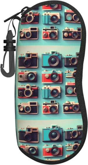 Retro Cool Camera Collection Print Glasses Case, Lightweight Soft Shell Pouch With Key Lock For Sunglasses & Eyewear