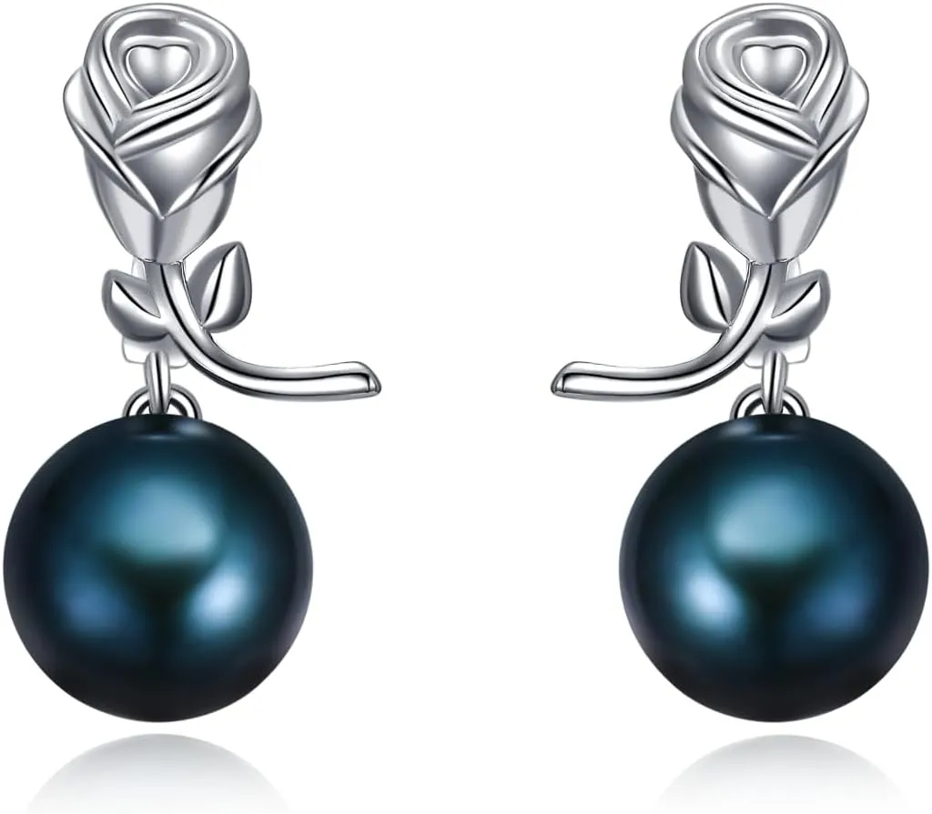 Rose Pearl Earrings for Women s925 Sterling Silver Black Freshwater Pearl Rose Stud/Dangle Earrings Anniversary Jewelry Valentine Mothers Day Christmas Birthday Gifts for Mom Her Wife Girlfriend