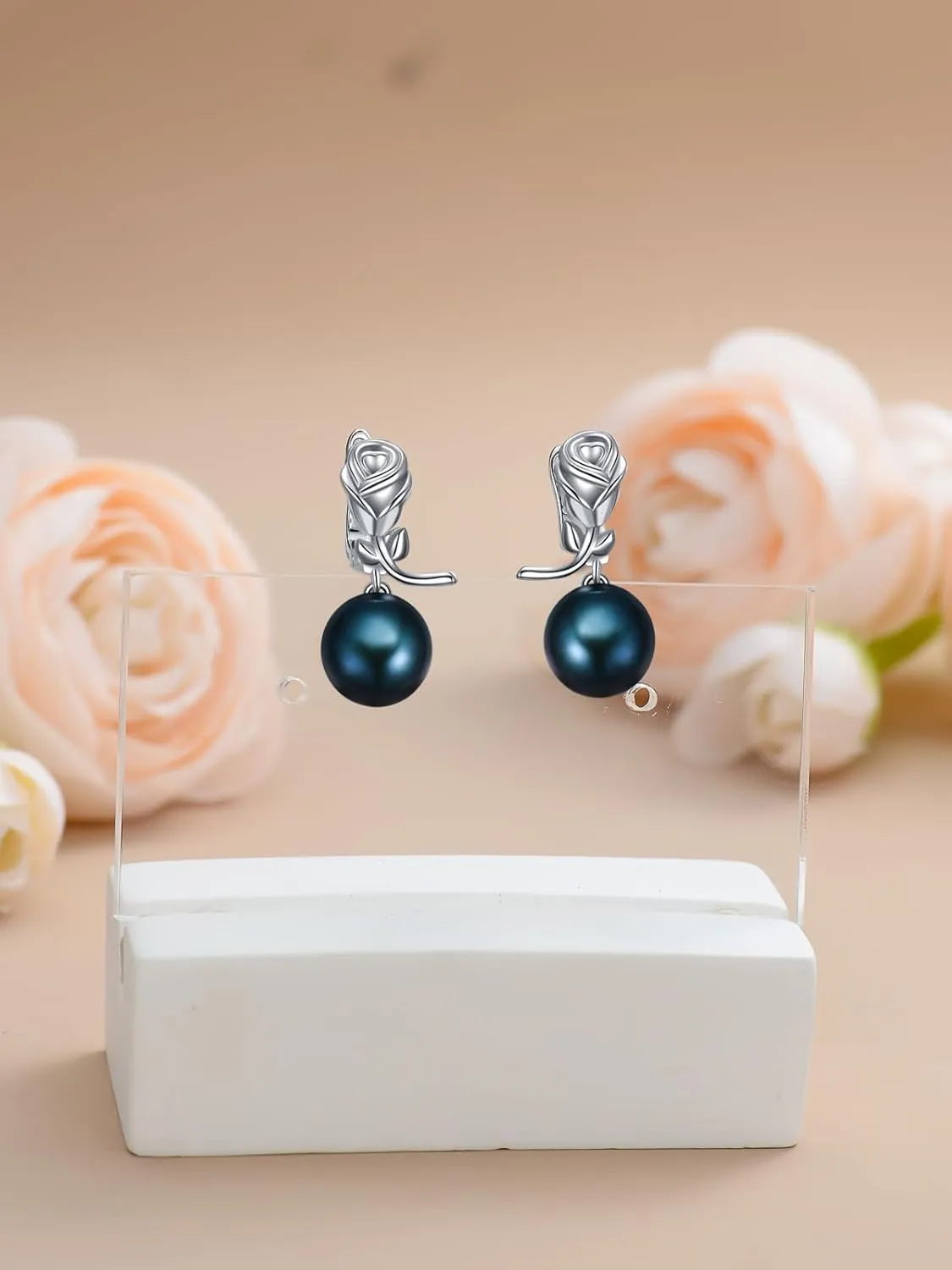 Rose Pearl Earrings for Women s925 Sterling Silver Black Freshwater Pearl Rose Stud/Dangle Earrings Anniversary Jewelry Valentine Mothers Day Christmas Birthday Gifts for Mom Her Wife Girlfriend