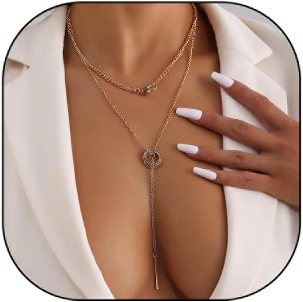 Rrdaily Chunky Layered Chain Choker Necklace Stack for Women Trendy Geometric Pendant Long Y-Necklace Dainty Wedding Prom Jewelry