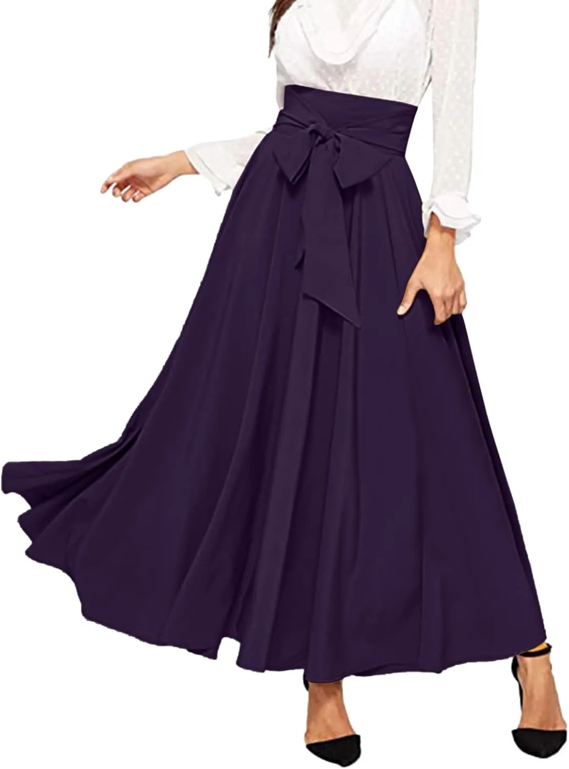 Rvidbe Women's Ankle Length Bow Tie Front High Waist A-line Flowy Long Maxi Skirt Elegant Stretchy Pleated Flared Skirts