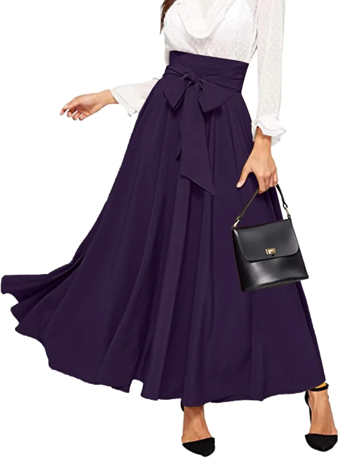 Rvidbe Women's Ankle Length Bow Tie Front High Waist A-line Flowy Long Maxi Skirt Elegant Stretchy Pleated Flared Skirts