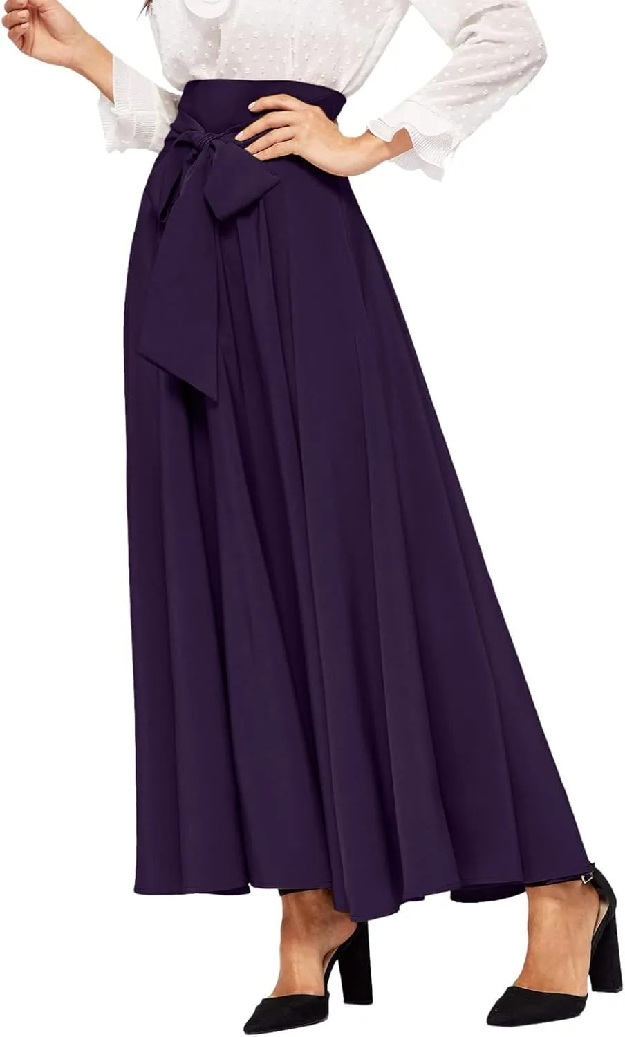 Rvidbe Women's Ankle Length Bow Tie Front High Waist A-line Flowy Long Maxi Skirt Elegant Stretchy Pleated Flared Skirts