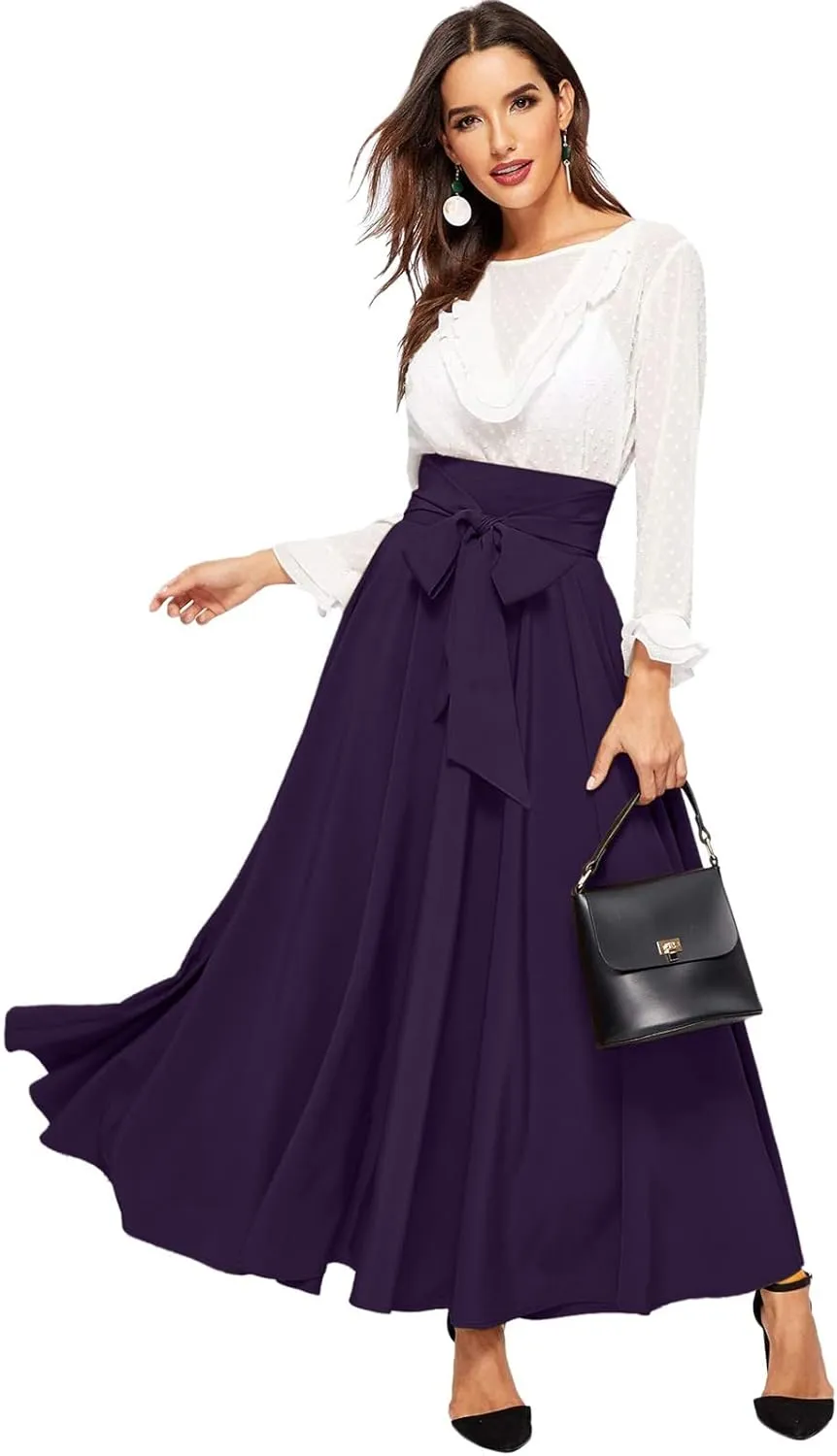 Rvidbe Women's Ankle Length Bow Tie Front High Waist A-line Flowy Long Maxi Skirt Elegant Stretchy Pleated Flared Skirts