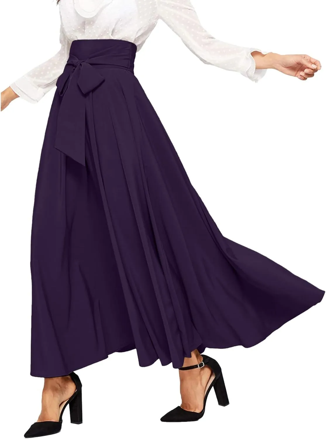 Rvidbe Women's Ankle Length Bow Tie Front High Waist A-line Flowy Long Maxi Skirt Elegant Stretchy Pleated Flared Skirts