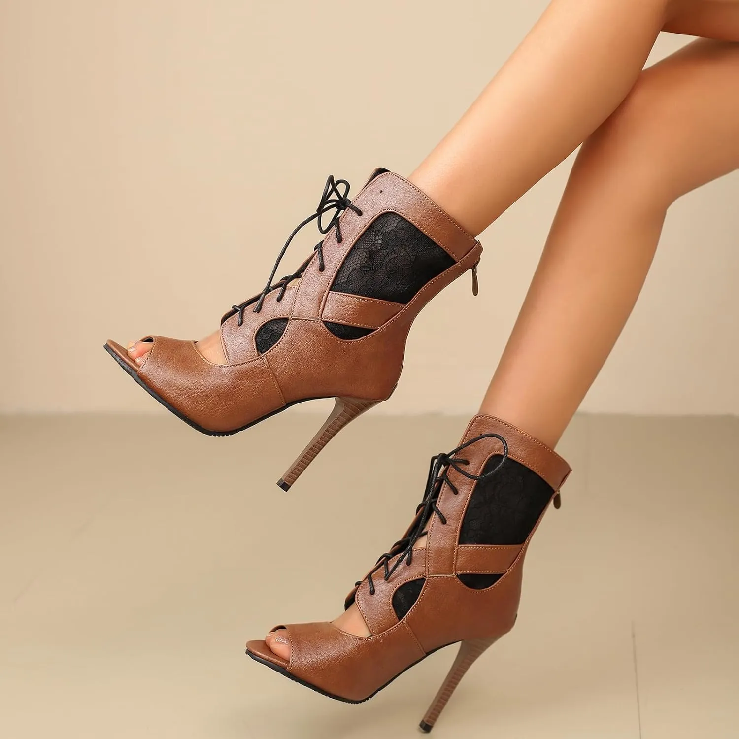 SACFOF Women's Sexy Peep Toe Lace Up High Heeled Sandals Fashion Stilettos Heels Dance Dressy Gladiator Summer Ankle Booties
