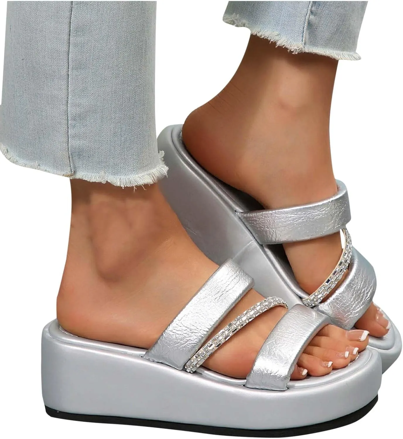 Sandals for Women 2025 Platform Slip On Wedges With Arch Support Open Toe Strappy Casual Summer Slides Shoes Slippers