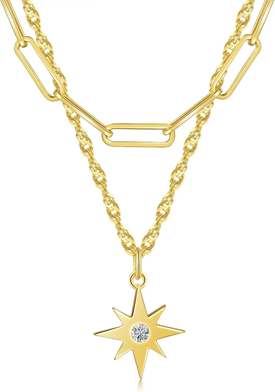 Silver Starburst Layered Necklaces for Women - 925 Sterling Silver Starburst Pendant Singapore Twisted Chain Necklace for Her, Simple Paperclip Choker Layering Jewelry Gifts for Best Friends
