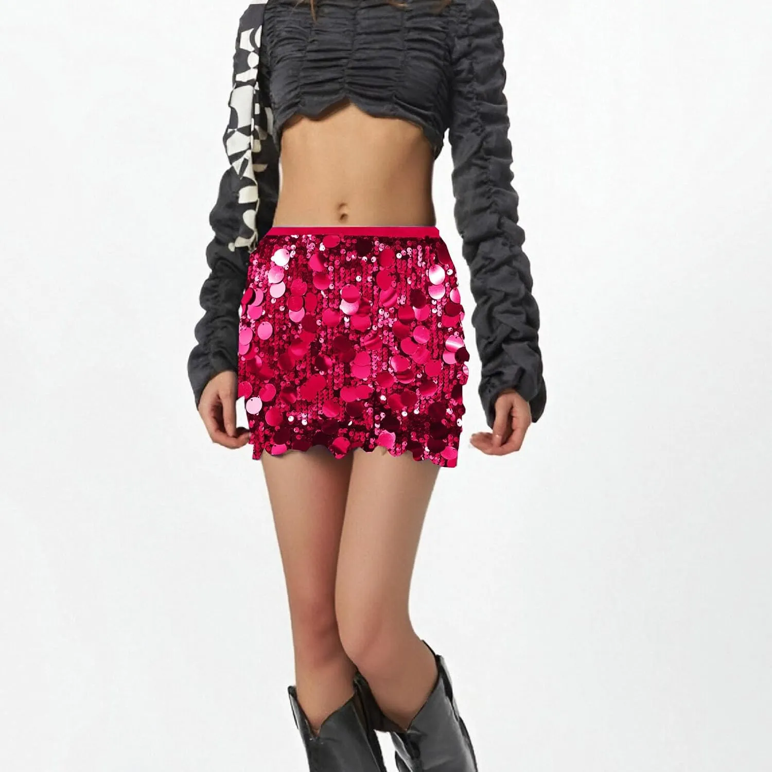 Sparkly Sequin Skirt for Women Mini Glitter Elastic Waistband Skirts Elastic Waist Party Club Bodycon Pencil Skirt