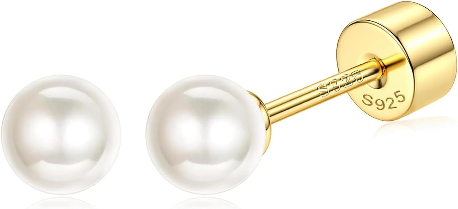 Sterling Silver Pearl Earrings for Women 18K Gold Plated Small Pearl Stud Earrings White Pearl Flat Back Earrings Brides Bridesmaids Wedding Earrings Jewelry