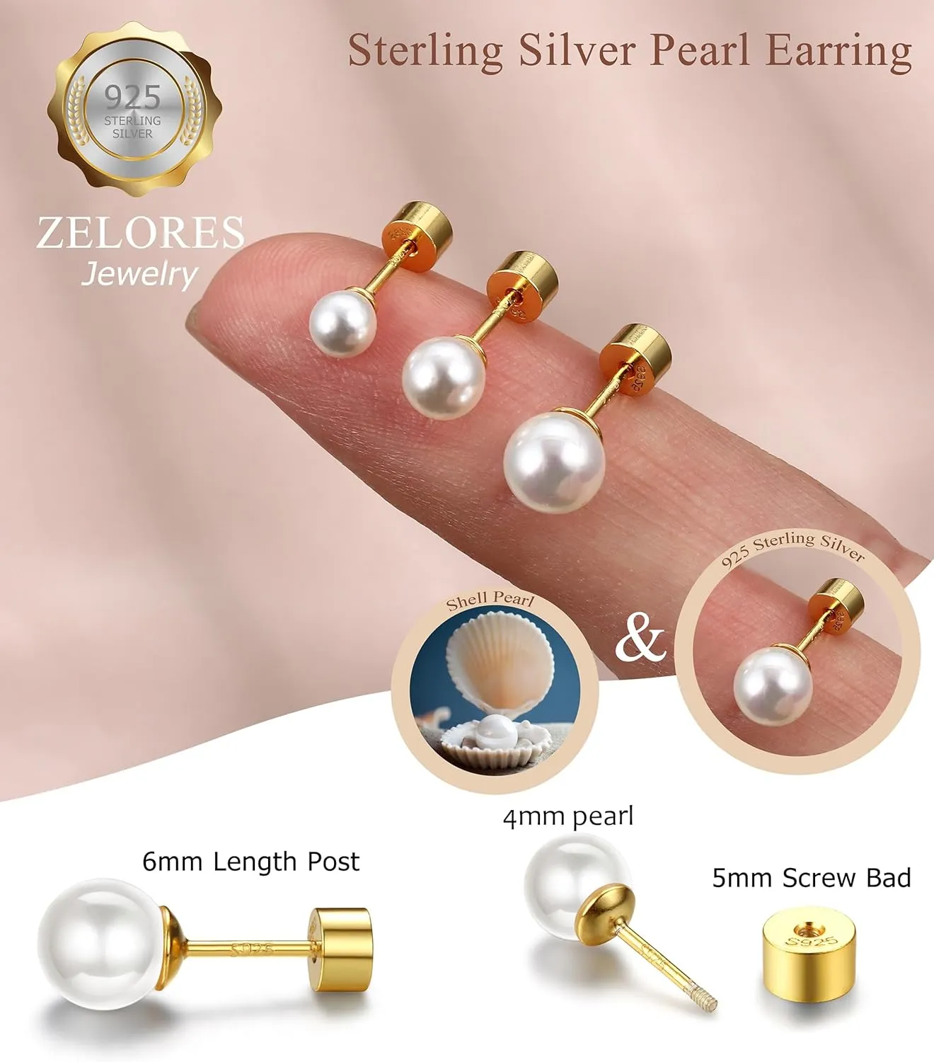 Sterling Silver Pearl Earrings for Women 18K Gold Plated Small Pearl Stud Earrings White Pearl Flat Back Earrings Brides Bridesmaids Wedding Earrings Jewelry