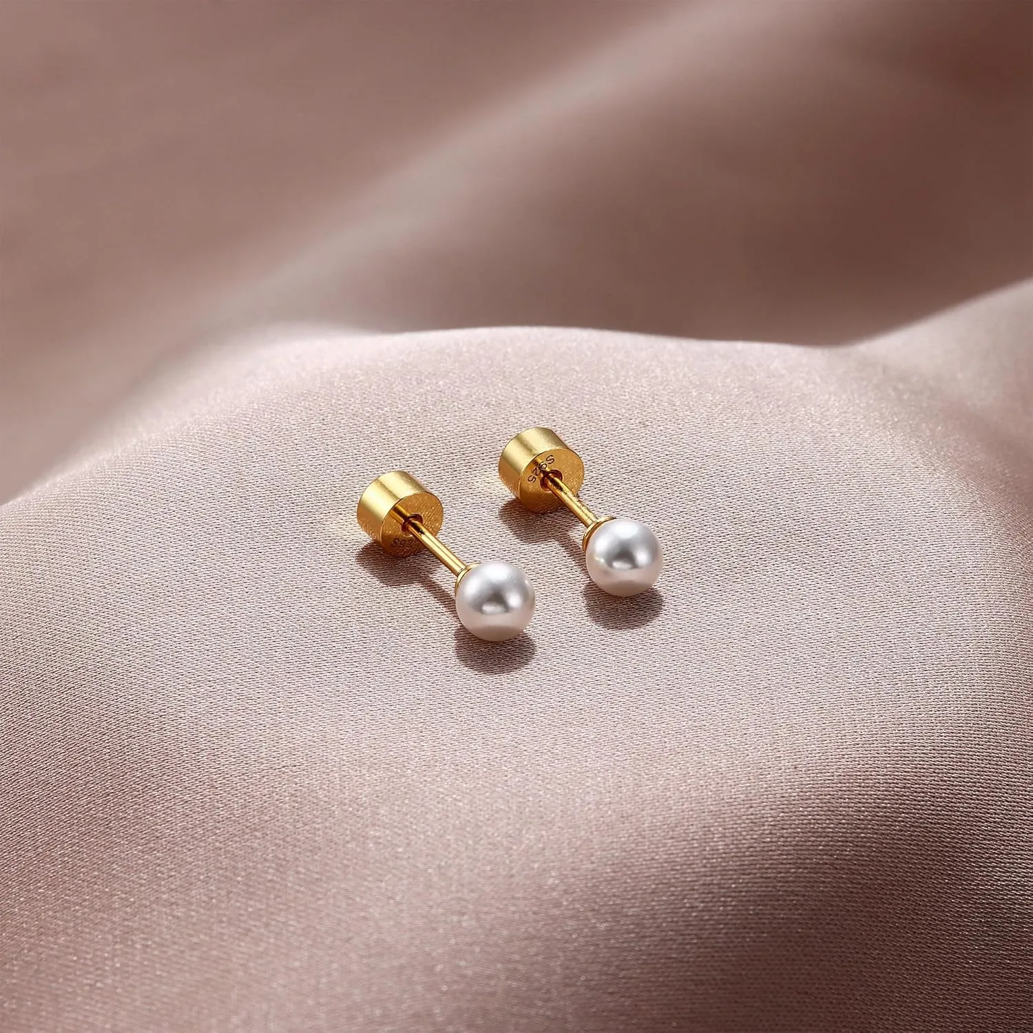 Sterling Silver Pearl Earrings for Women 18K Gold Plated Small Pearl Stud Earrings White Pearl Flat Back Earrings Brides Bridesmaids Wedding Earrings Jewelry