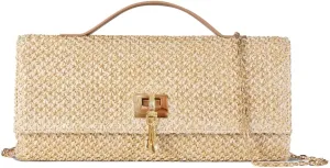 Straw Clutch Purse for Women Summer Beach Evening Handbag Top Handle Crossbody Bags with Gold Chain Khaki