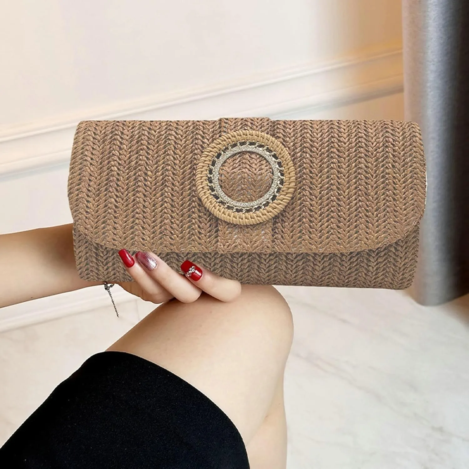 Straw Woven Clutch Purse 2025 Summer Boho Evening Handbag Chain Crossbody Bag Flap Envelope Vacation