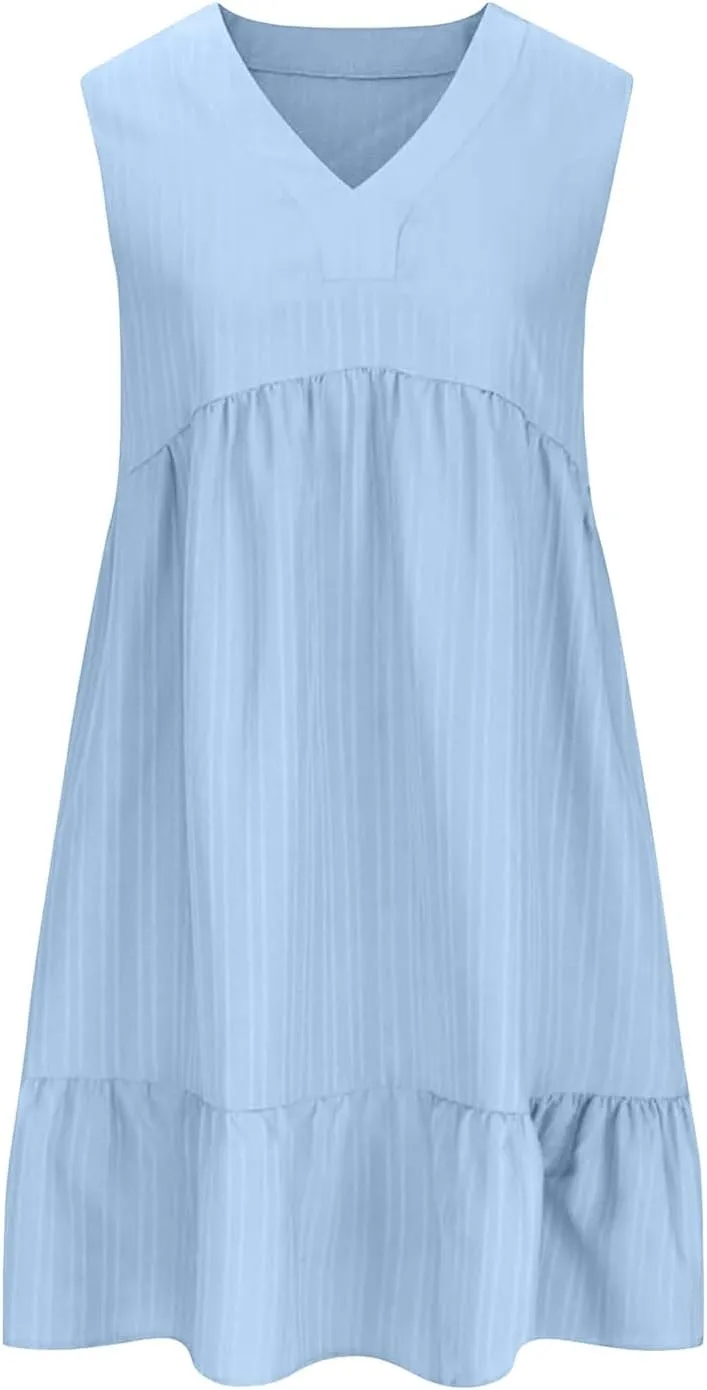 Summer Dresses for Women 2025 Casual Vacation Sleeveless V Neck Mini Tank Dress Pleated Ruffle Flowy A Line Beach Sundresses
