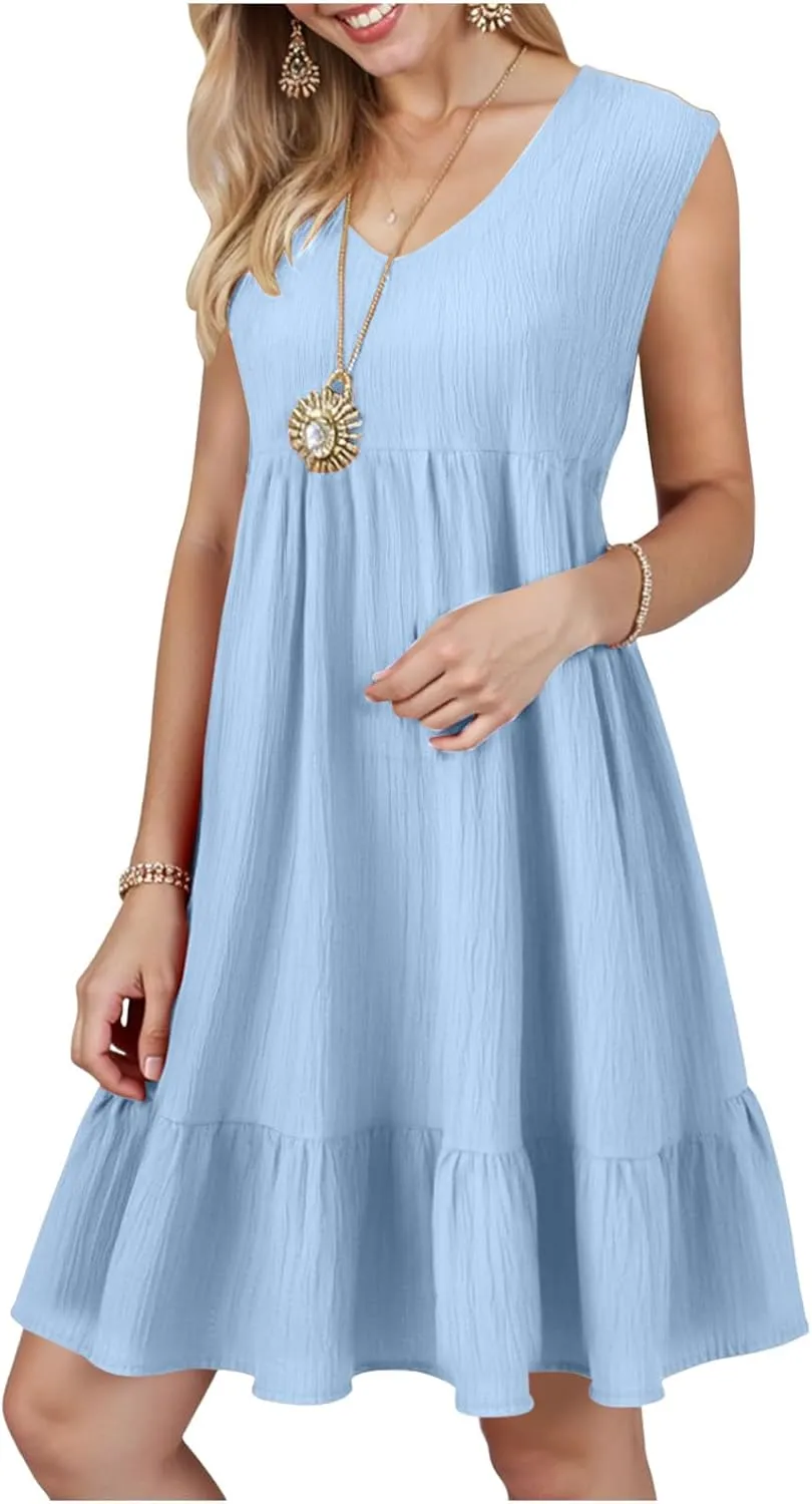Summer Dresses for Women 2025 Casual Vacation Sleeveless V Neck Mini Tank Dress Pleated Ruffle Flowy A Line Beach Sundresses