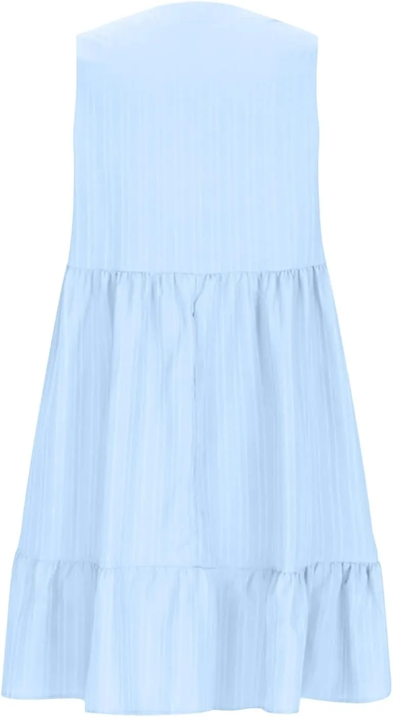 Summer Dresses for Women 2025 Casual Vacation Sleeveless V Neck Mini Tank Dress Pleated Ruffle Flowy A Line Beach Sundresses