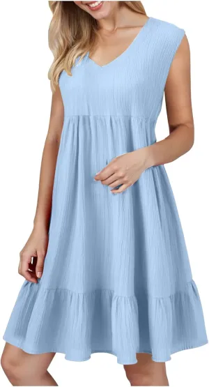Summer Dresses for Women 2025 Casual Vacation Sleeveless V Neck Mini Tank Dress Pleated Ruffle Flowy A Line Beach Sundresses