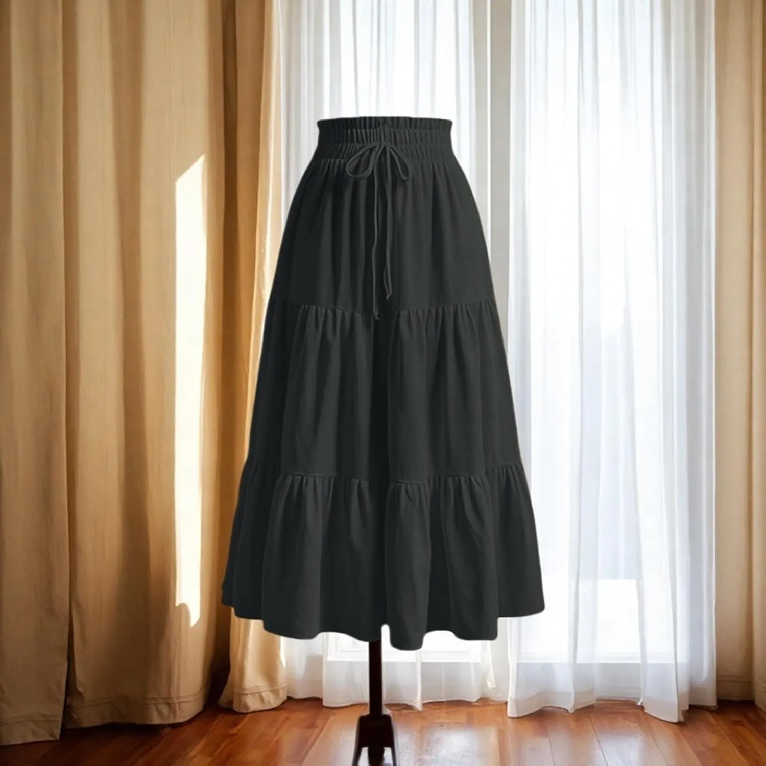 Summer Long Skirts for Women Casual Drawstring High Waist Lightweight Tiered Flowy Pleated Skirts Trendy A-Line Skirt