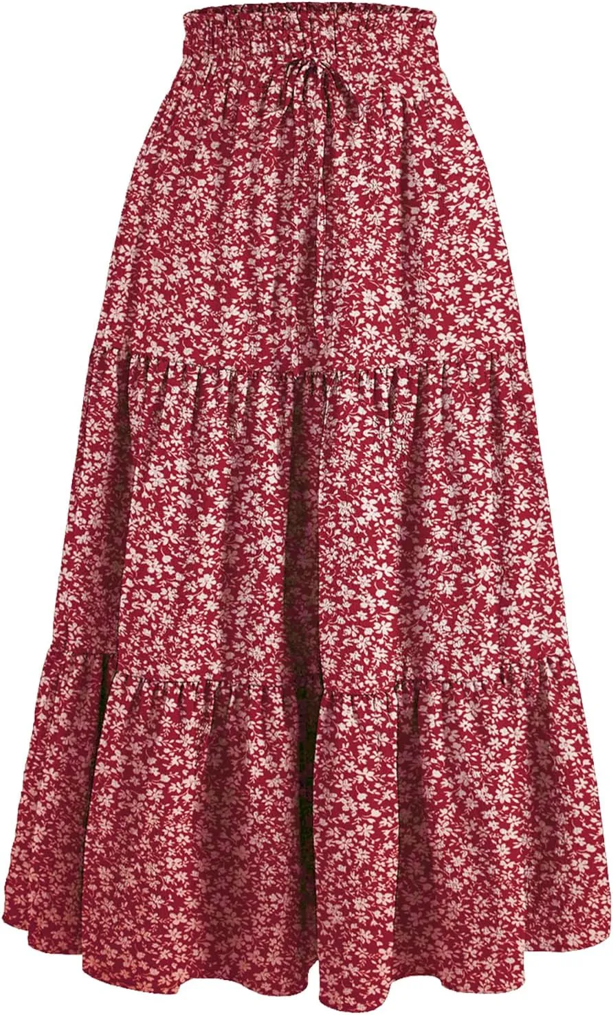 Summer Long Skirts for Women Casual Drawstring High Waist Lightweight Tiered Flowy Pleated Skirts Trendy A-Line Skirt