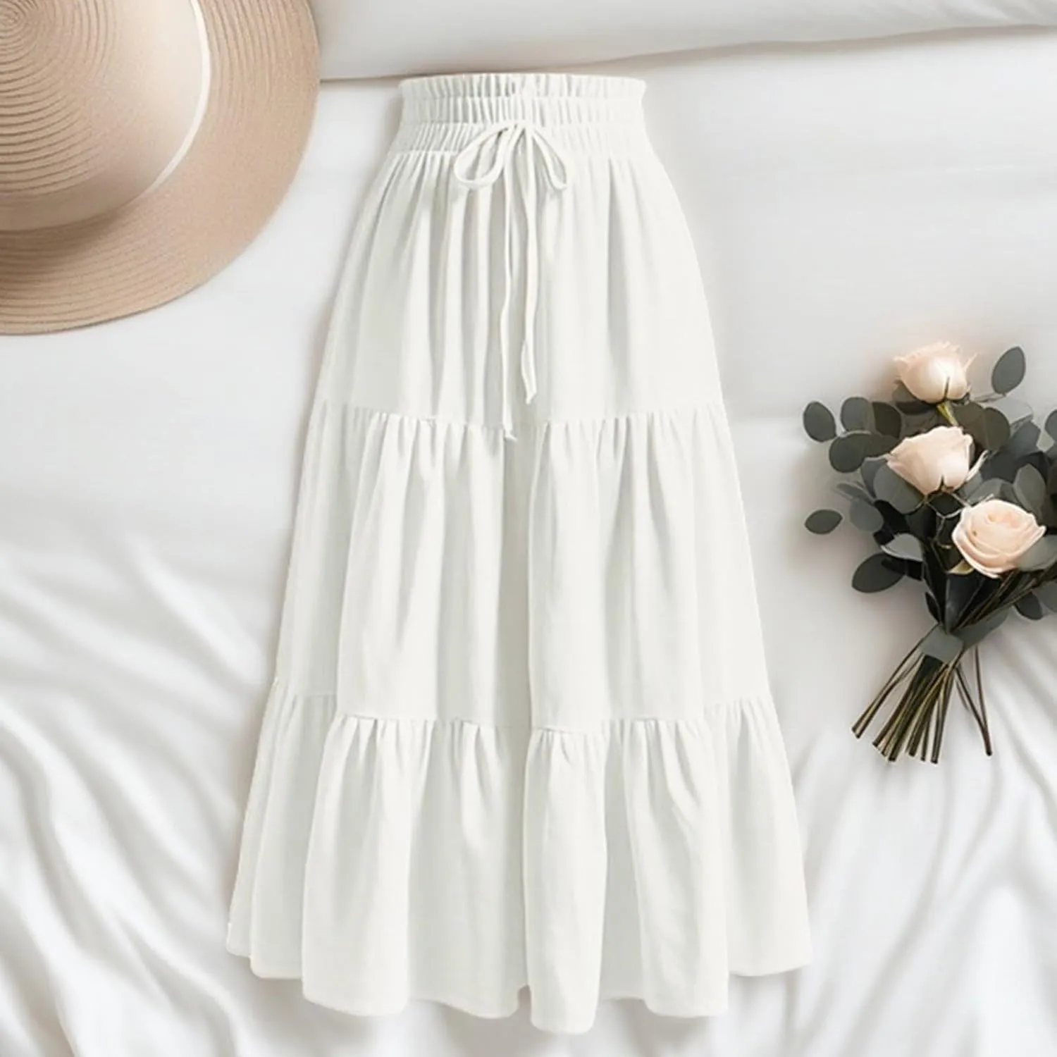 Summer Long Skirts for Women Casual Drawstring High Waist Lightweight Tiered Flowy Pleated Skirts Trendy A-Line Skirt