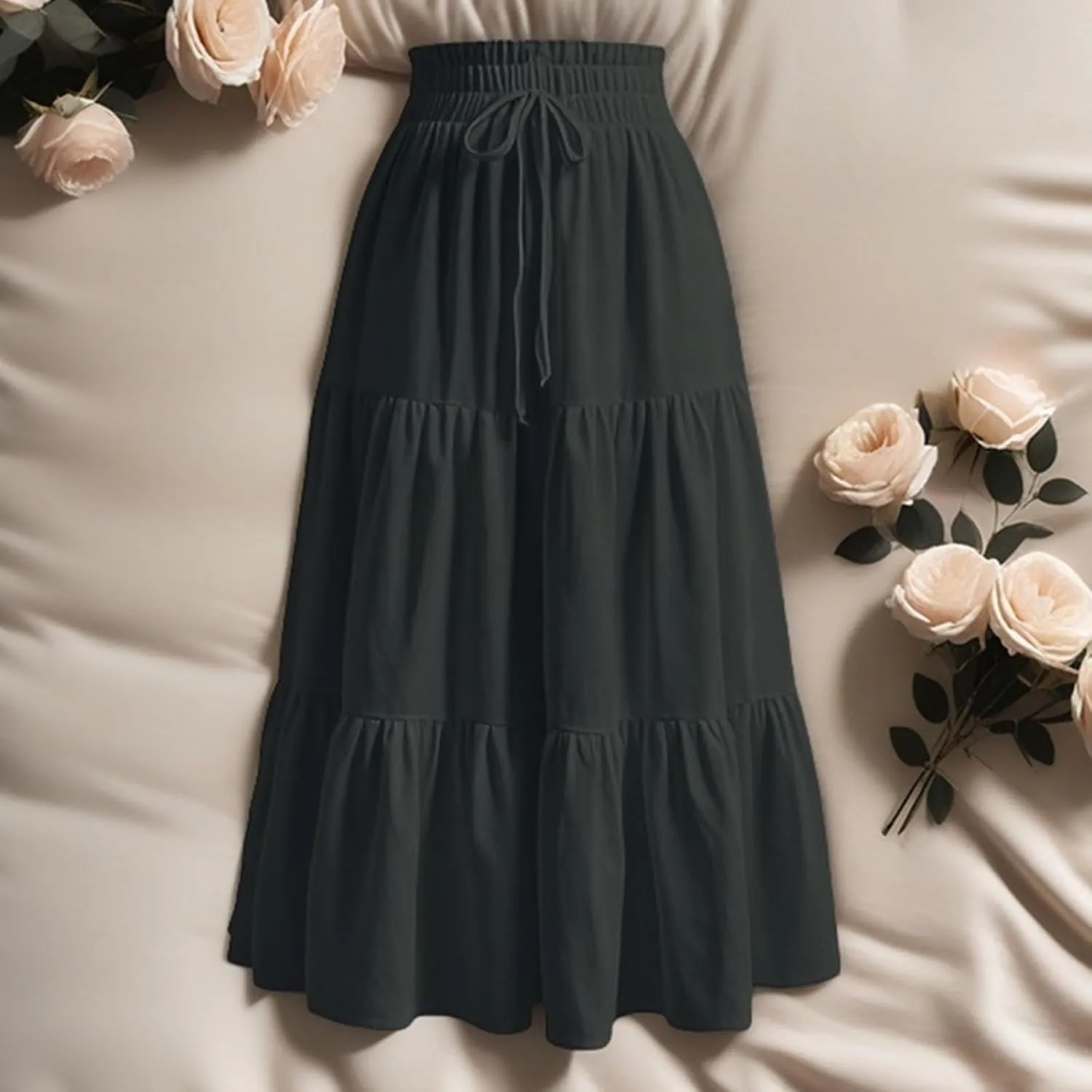 Summer Long Skirts for Women Casual Drawstring High Waist Lightweight Tiered Flowy Pleated Skirts Trendy A-Line Skirt