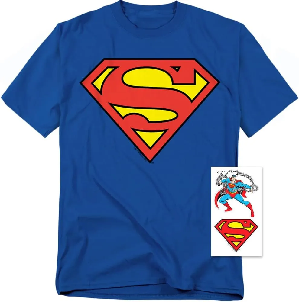 Superman Classic Logo T Shirt and Stickers, Unisex Adult T Shirt Collection