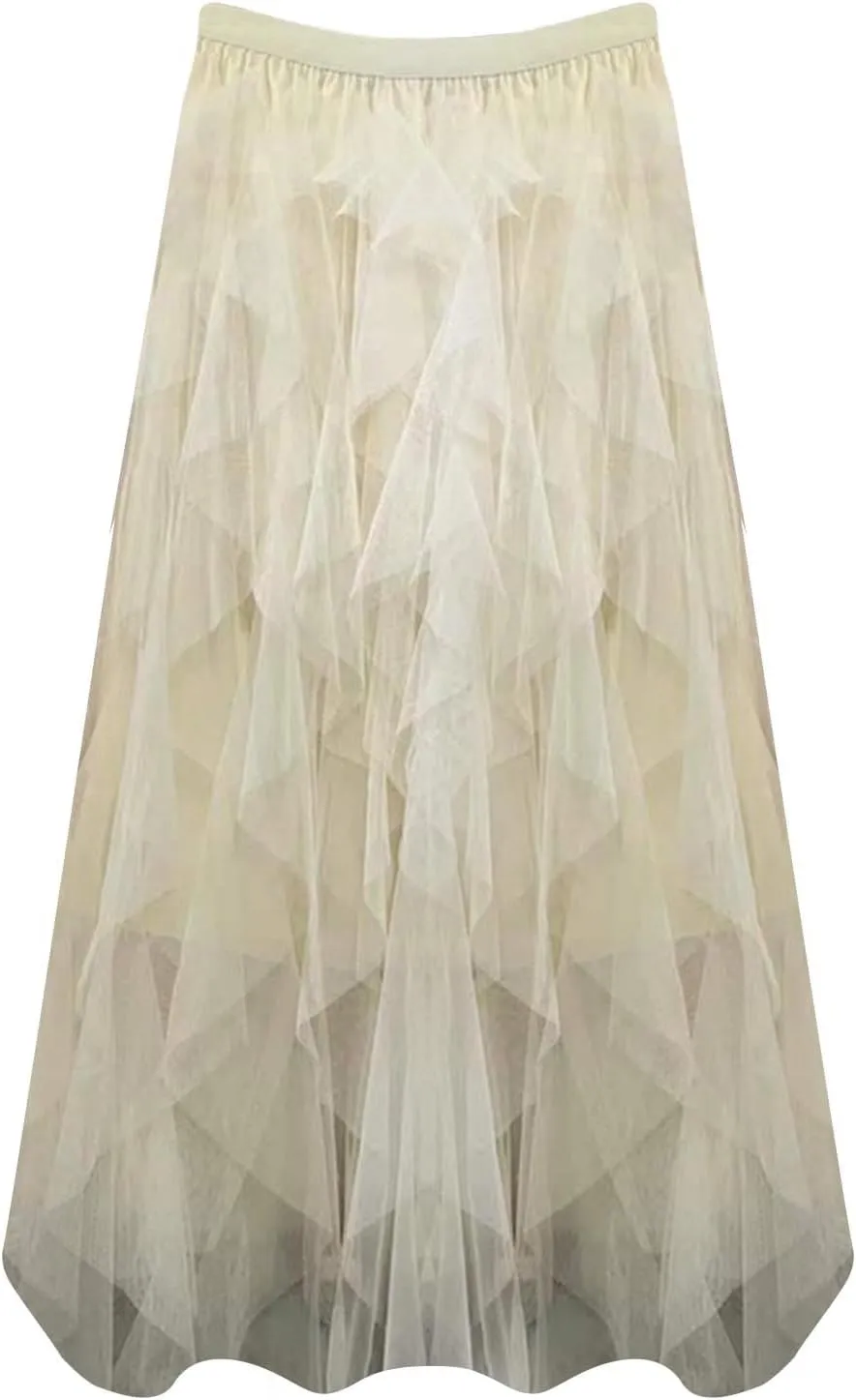 Tulle Skirts for Women Solid Color Formal Mesh Elastic Waist Skorts Casual Summer Flowy Layered Tiered A Line Skirt