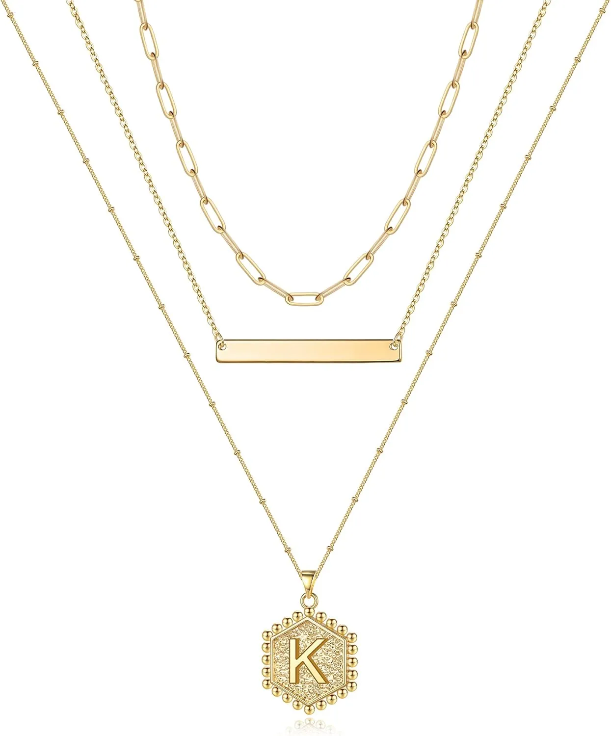 Turandoss Gold Layered Initial Necklaces for Women, 14K Gold Plated Bar Necklace Handmade Layering Hexagon Letter Pendant Beads Chain Necklace Layered Necklaces for Women Gold Jewelry Gifts