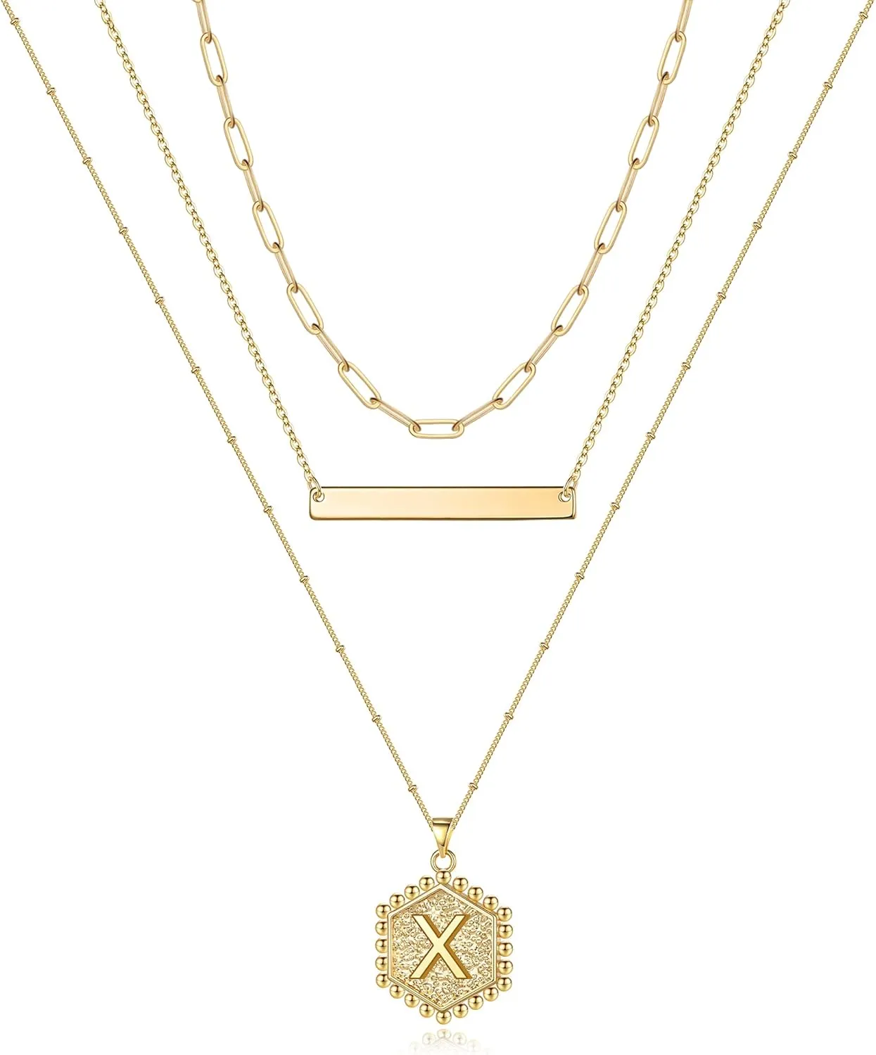 Turandoss Gold Layered Initial Necklaces for Women, 14K Gold Plated Bar Necklace Handmade Layering Hexagon Letter Pendant Beads Chain Necklace Layered Necklaces for Women Gold Jewelry Gifts