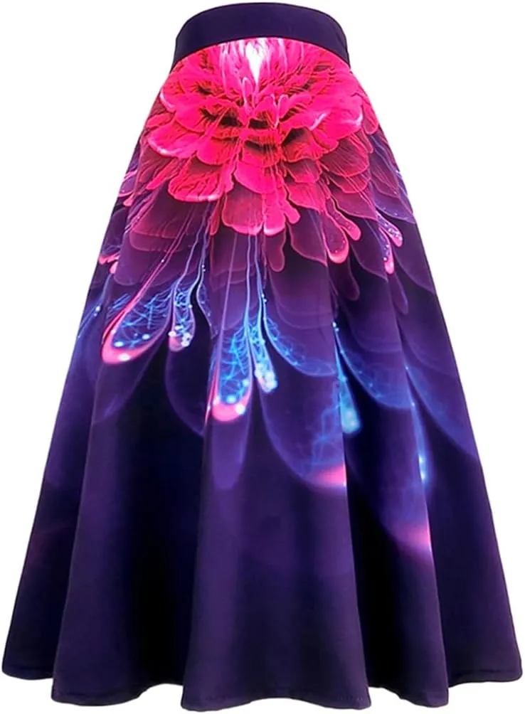 Vintage Elegant Women Korean Aesthetic Fantasy Purple Floral Neoprene High Waist Long Midi Pleated Skirt