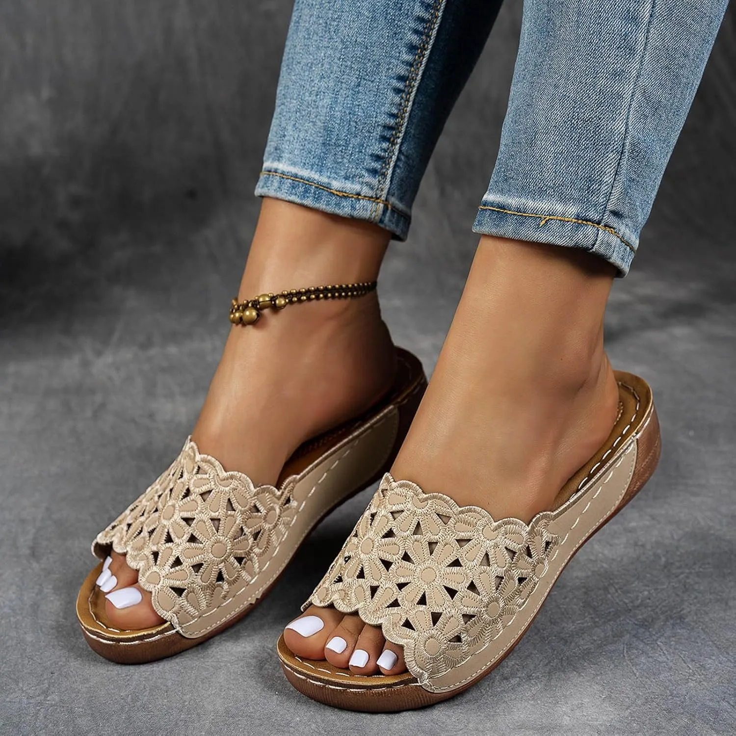 Wedge Sandals for Women Comfortable Open Toe Womens Wedge Sandals Casual Slip On Summer Beach Hollow Bohemian Slipper
