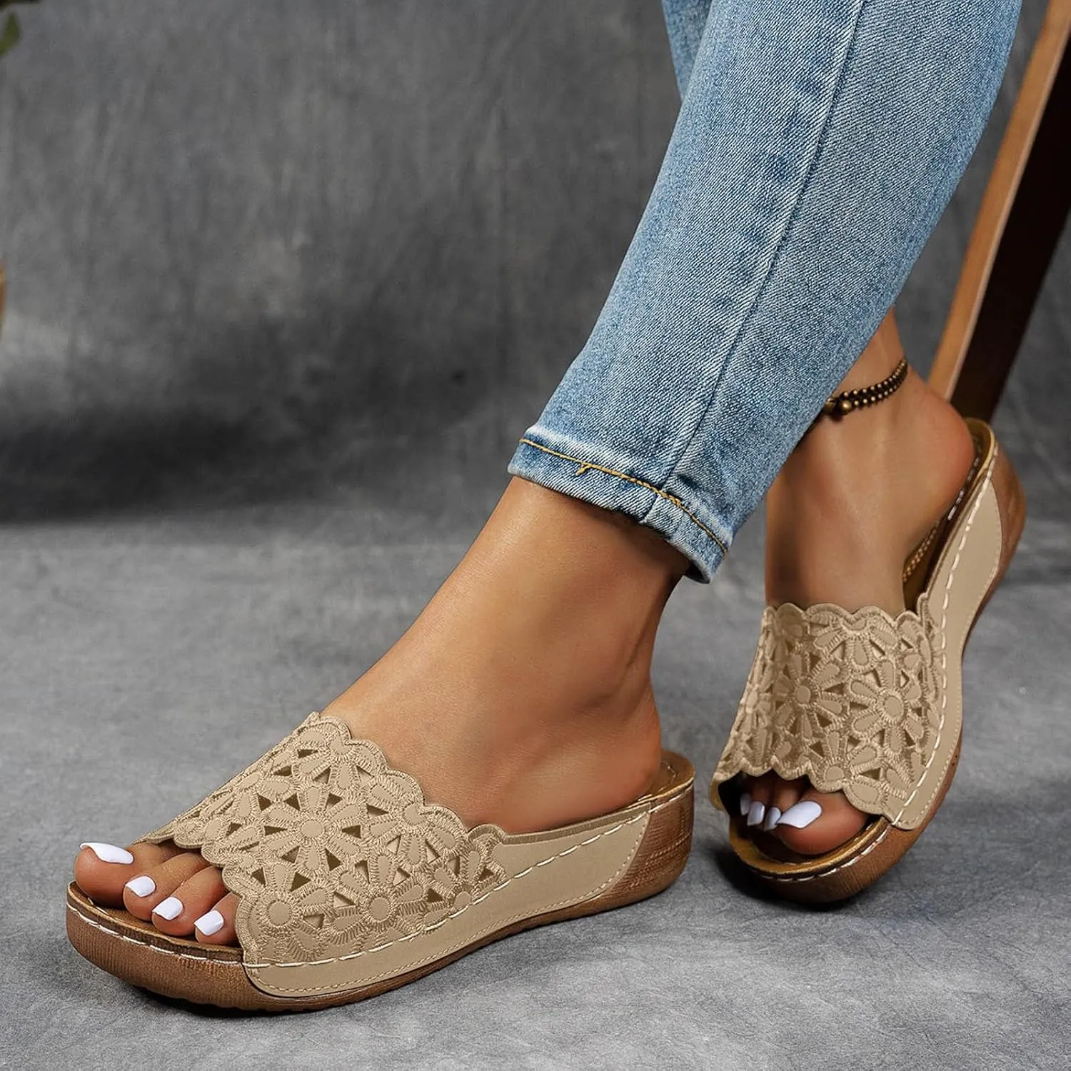 Wedge Sandals for Women Comfortable Open Toe Womens Wedge Sandals Casual Slip On Summer Beach Hollow Bohemian Slipper